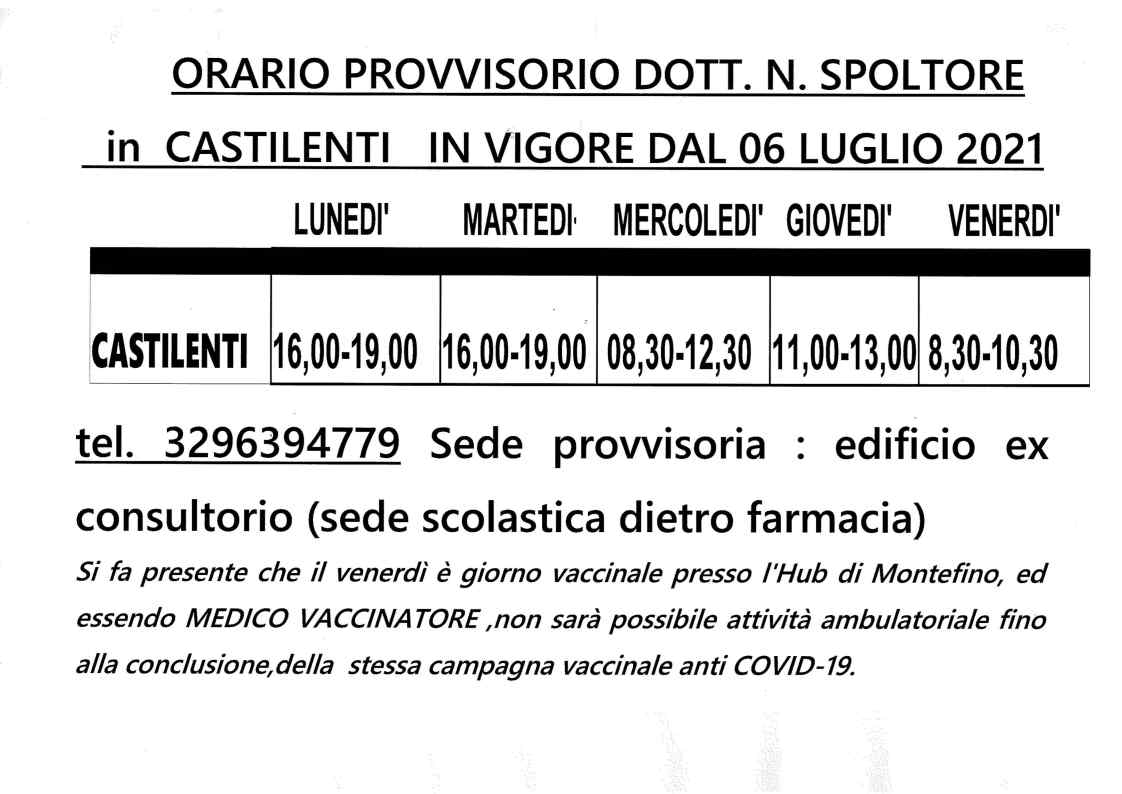 Orario provvisorio Ambulatorio Medico Castilenti